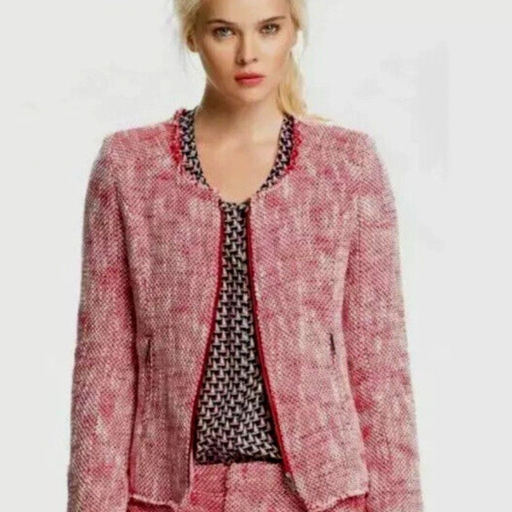 Joie Collins Woven Long Sleeves Full Zip Fringe Tweed Blazer Jacket Size L